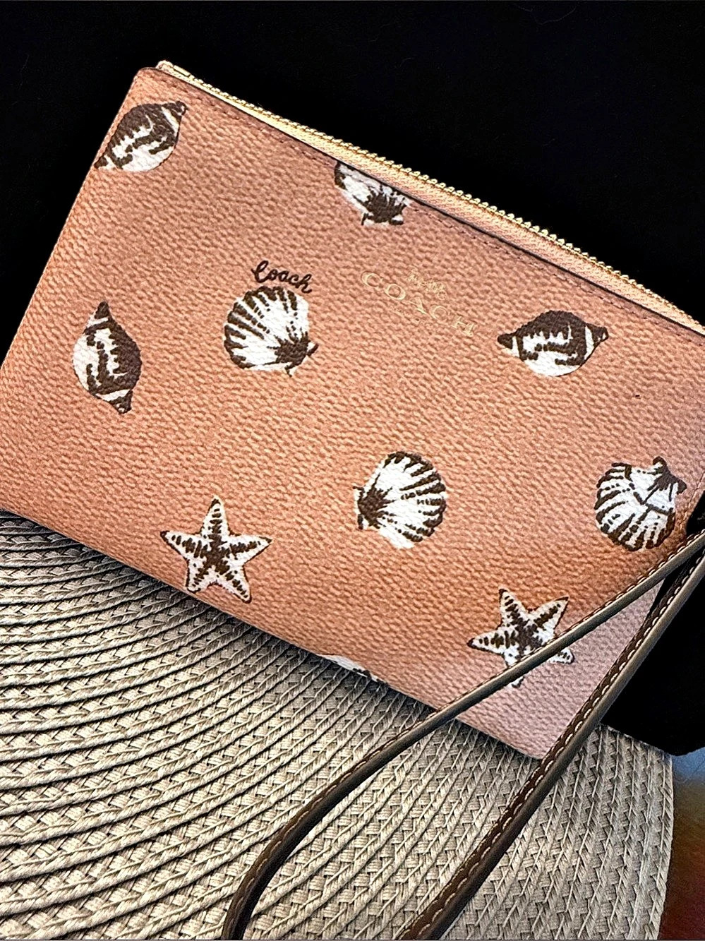 Coach Corner Zip Wristlet with Shell Print in Pink & Brown